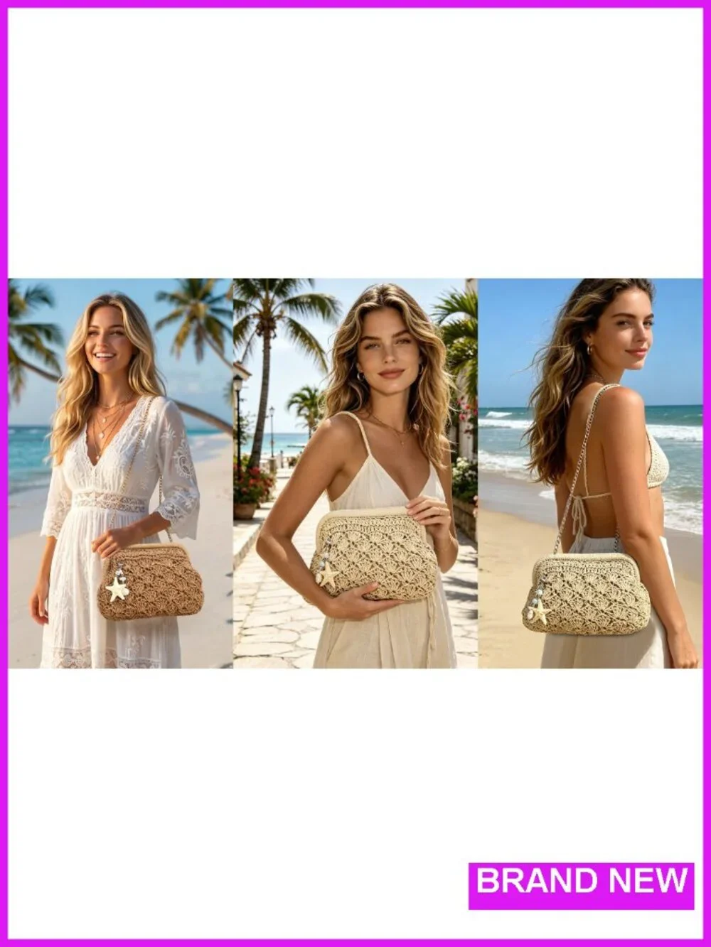 Woven Straw Clutch Purse with Shell Pendant Detachable Chain Crossbody Shoulder